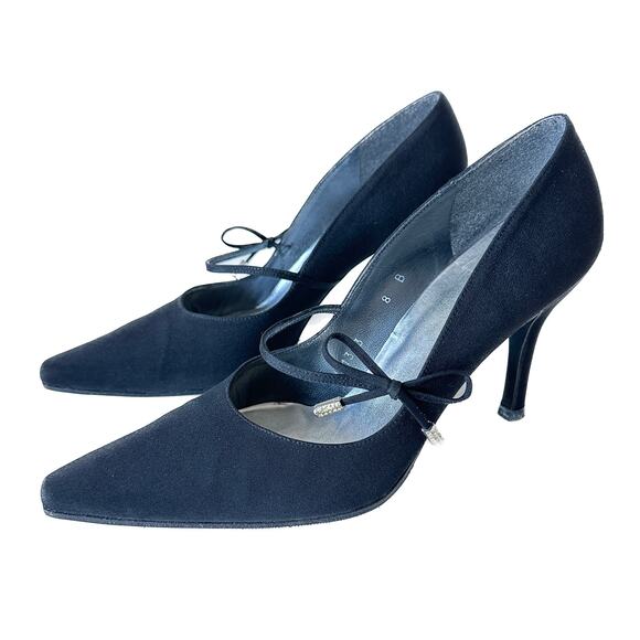 Stuart Weitzman Black Pointed Toe Bow Mary Jane Heels Pumps Size 8 B - Picture 16 of 16